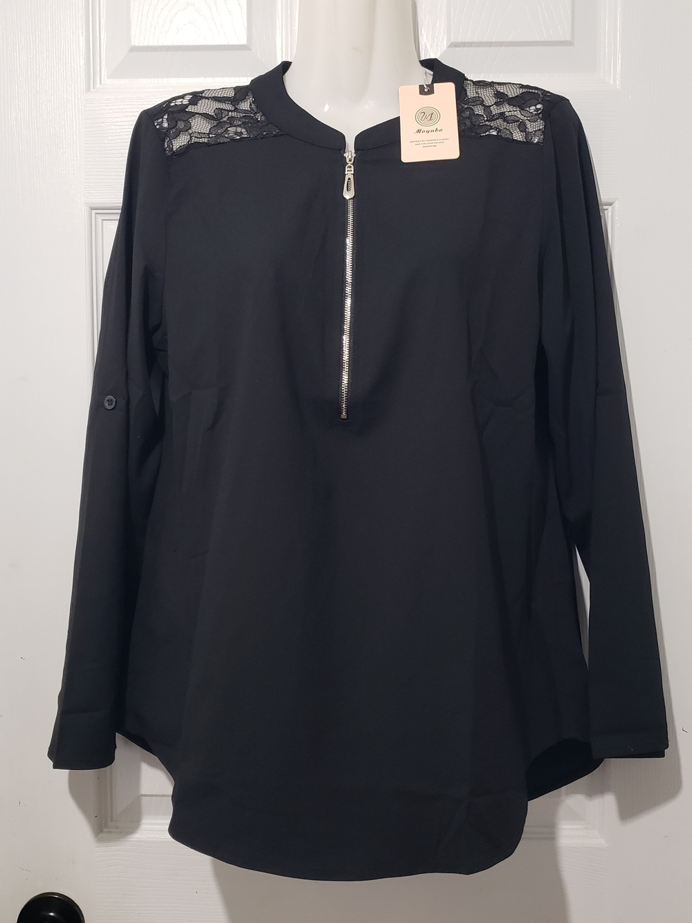 NEW Moyabo | Black Quarter-Zip Blouse with Lace Shoulder Detail | Womens Medium